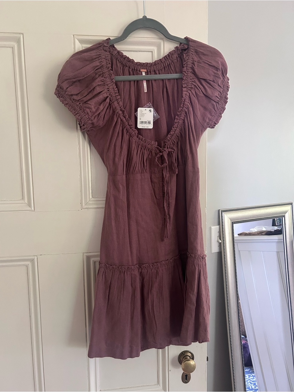 Free People Mauve Puff-Sleeve Tiered Mini Dress